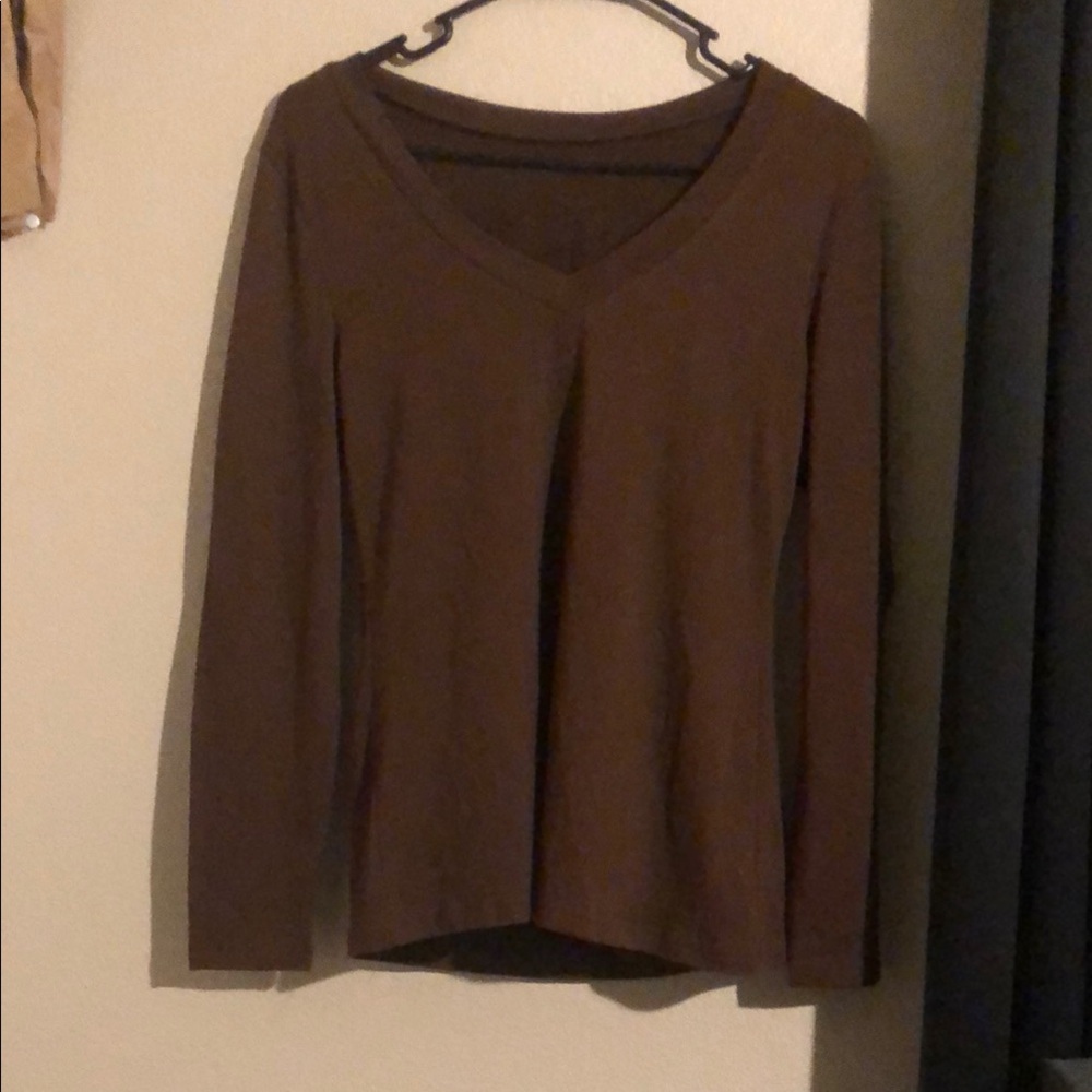 Brown V-Neck Long Sleeve Top